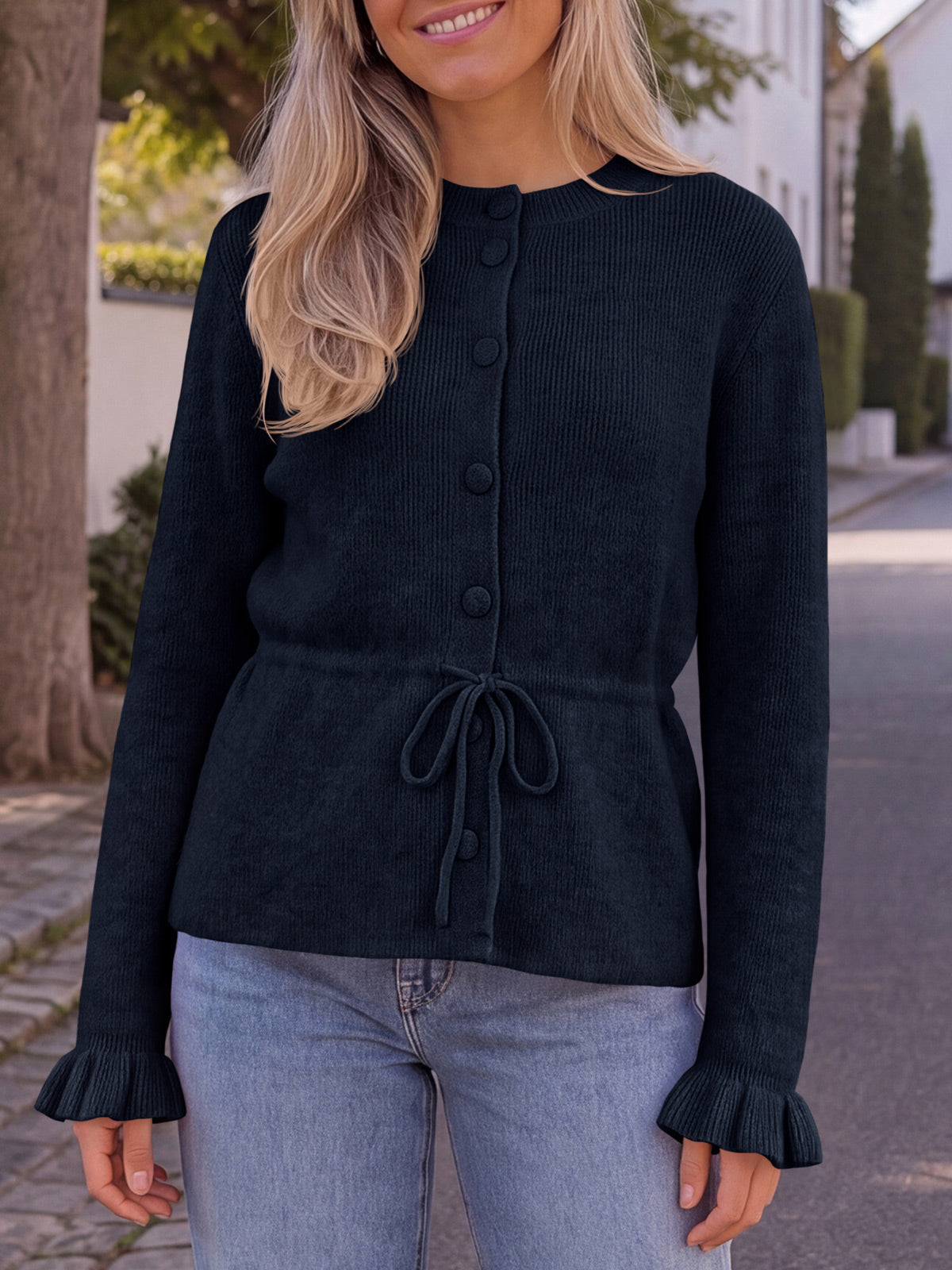 usvara Womens Ruffle Sleeve Button Tie Cardigans