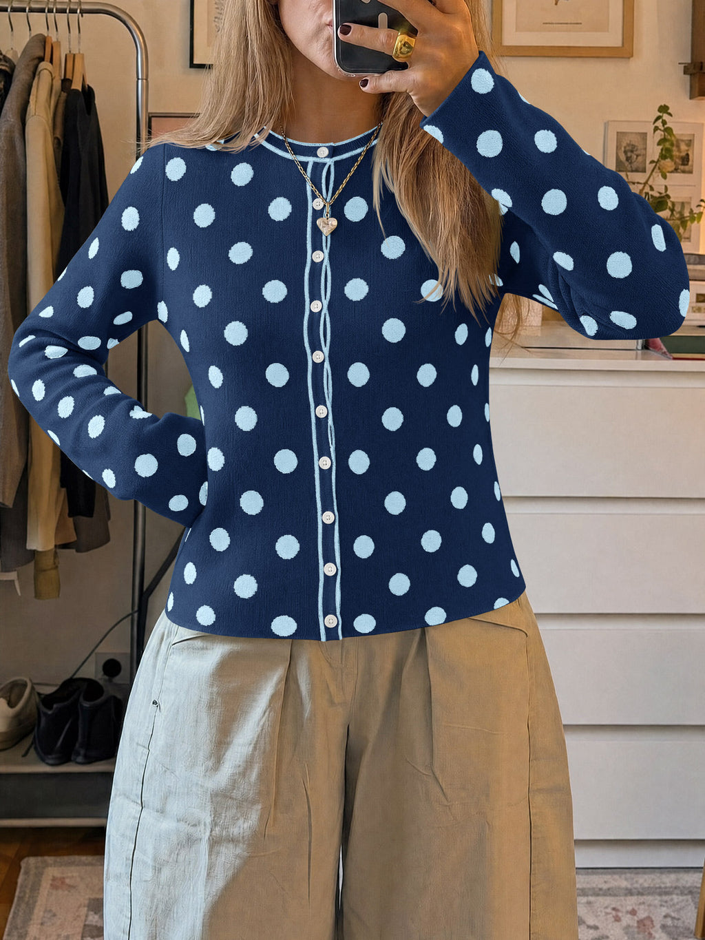 usvara Womens Polka Dot Button Up Cardigan