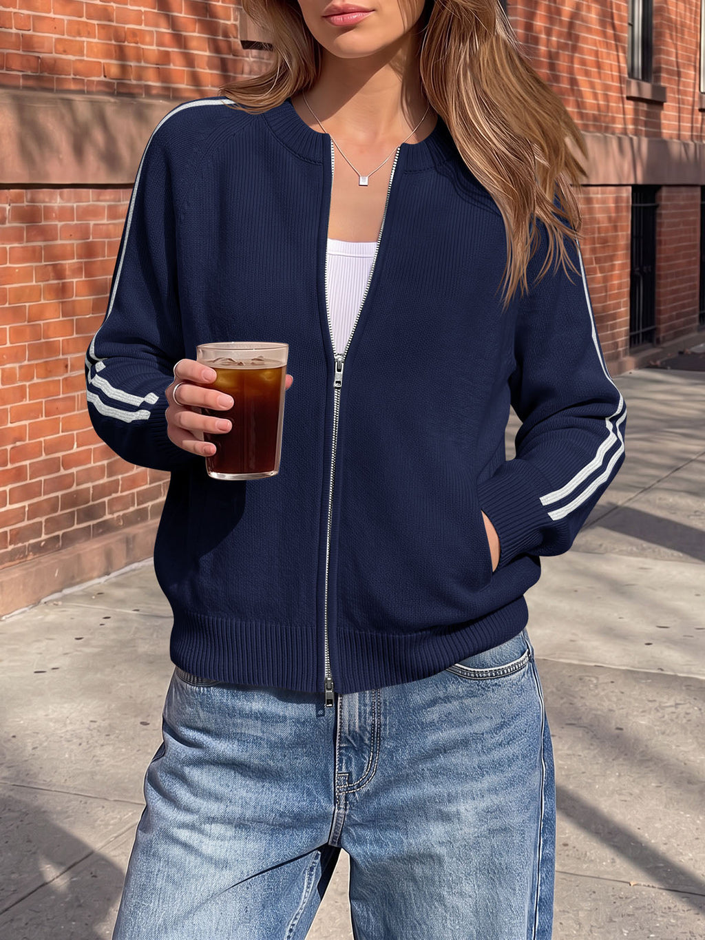 usvara Womens Zip Up Crew Neck Cardigan