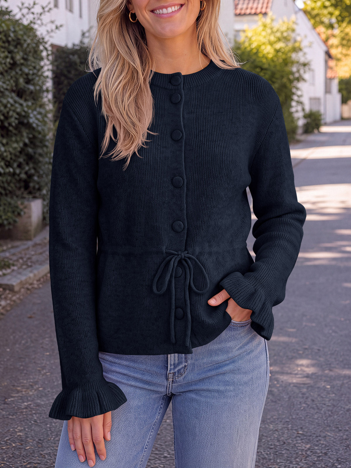 usvara Womens Ruffle Sleeve Button Tie Cardigans