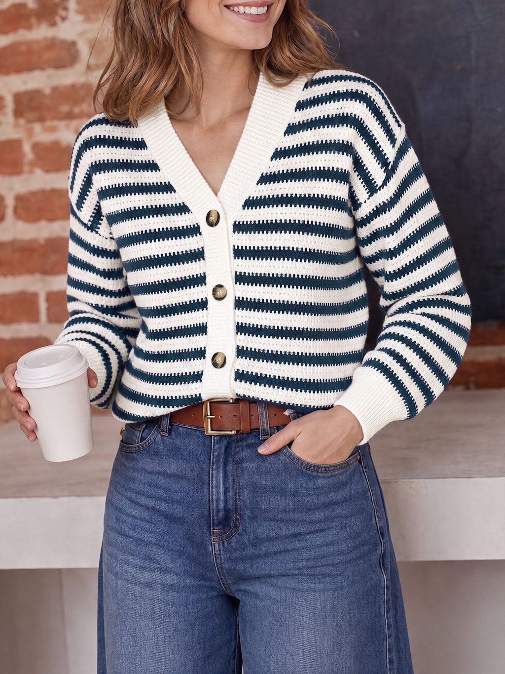 usvara Womens Striped V Neck Cardigan