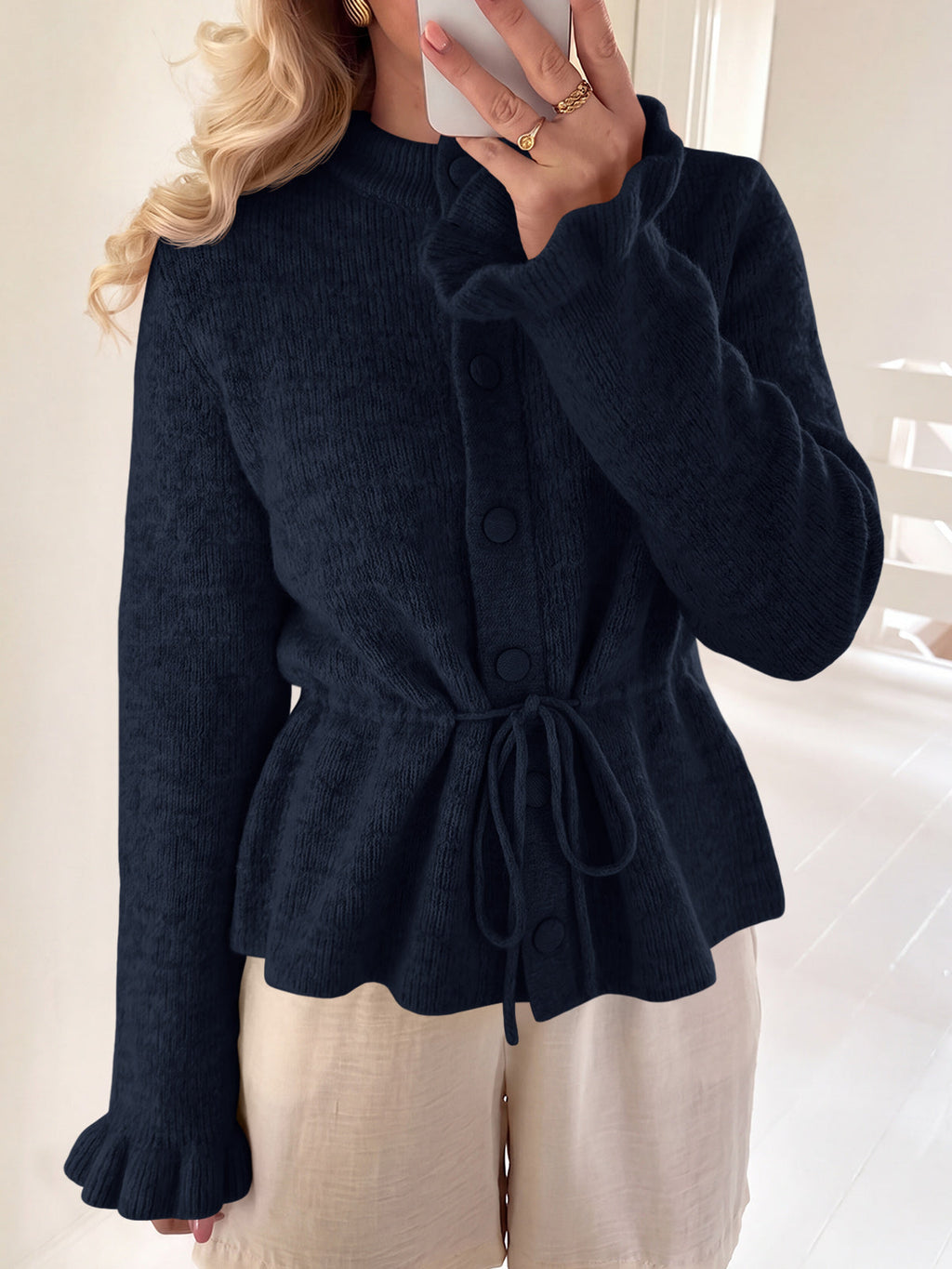 usvara Womens Ruffle Sleeve Button Tie Cardigans