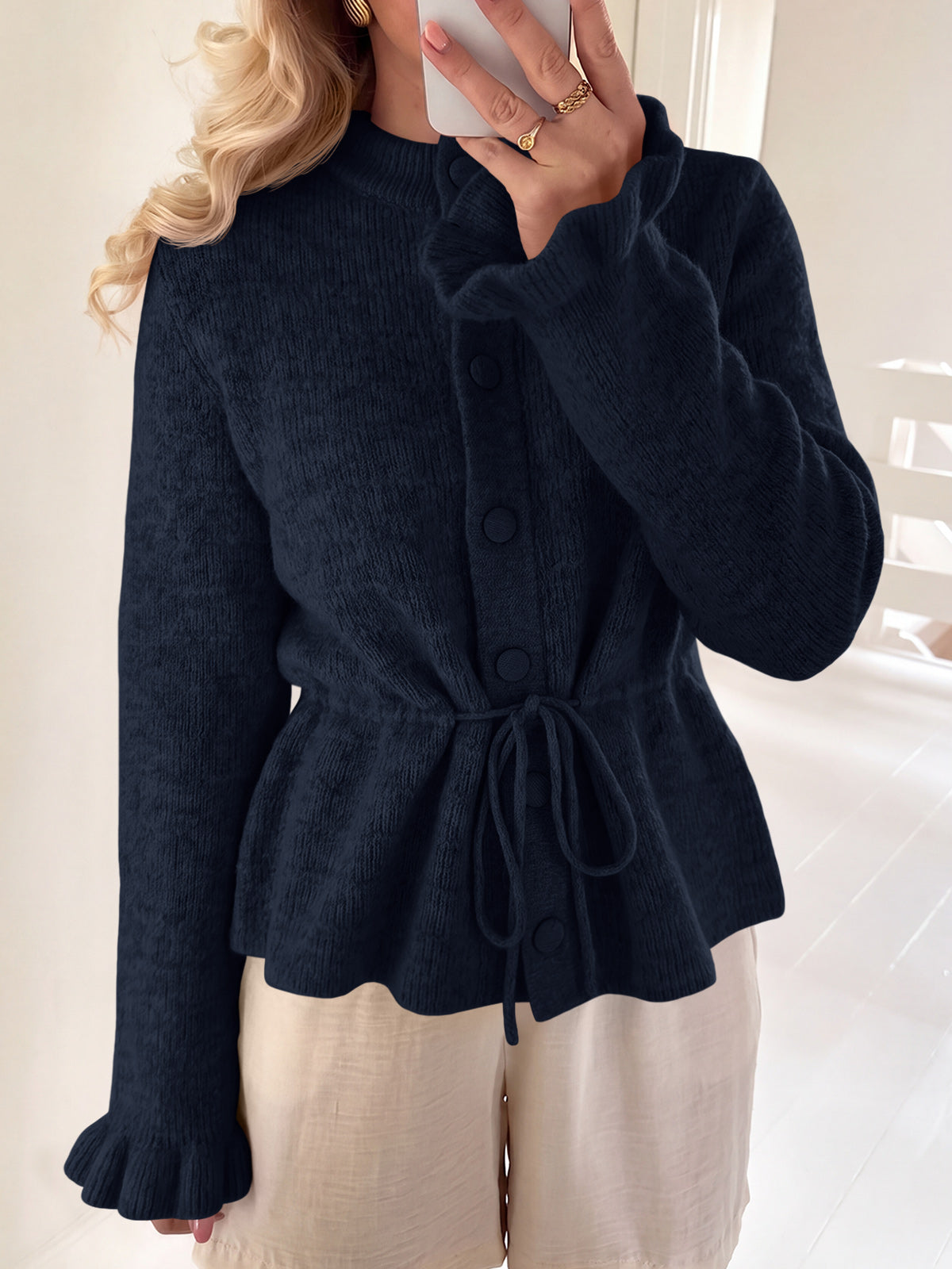 usvara Womens Ruffle Sleeve Button Tie Cardigans