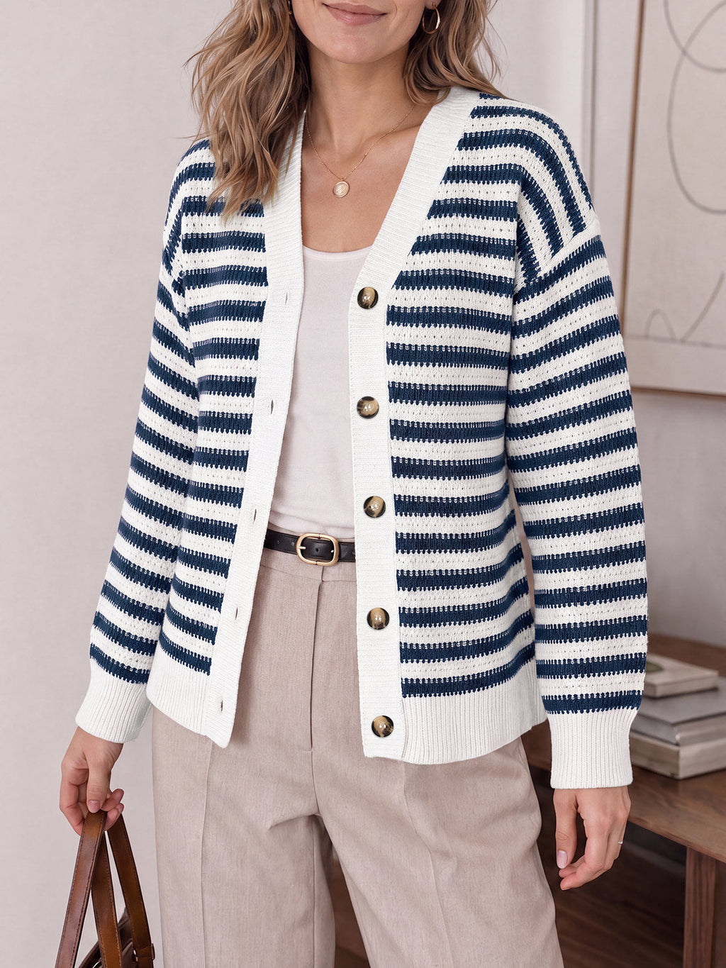 usvara Womens Striped V Neck Cardigan