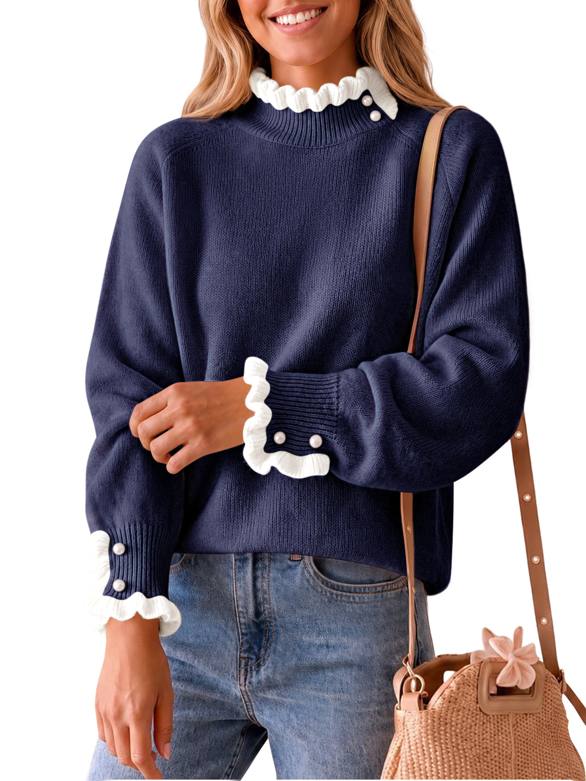 usvara Womens Mock Neck Ruffle Pearl Sweater