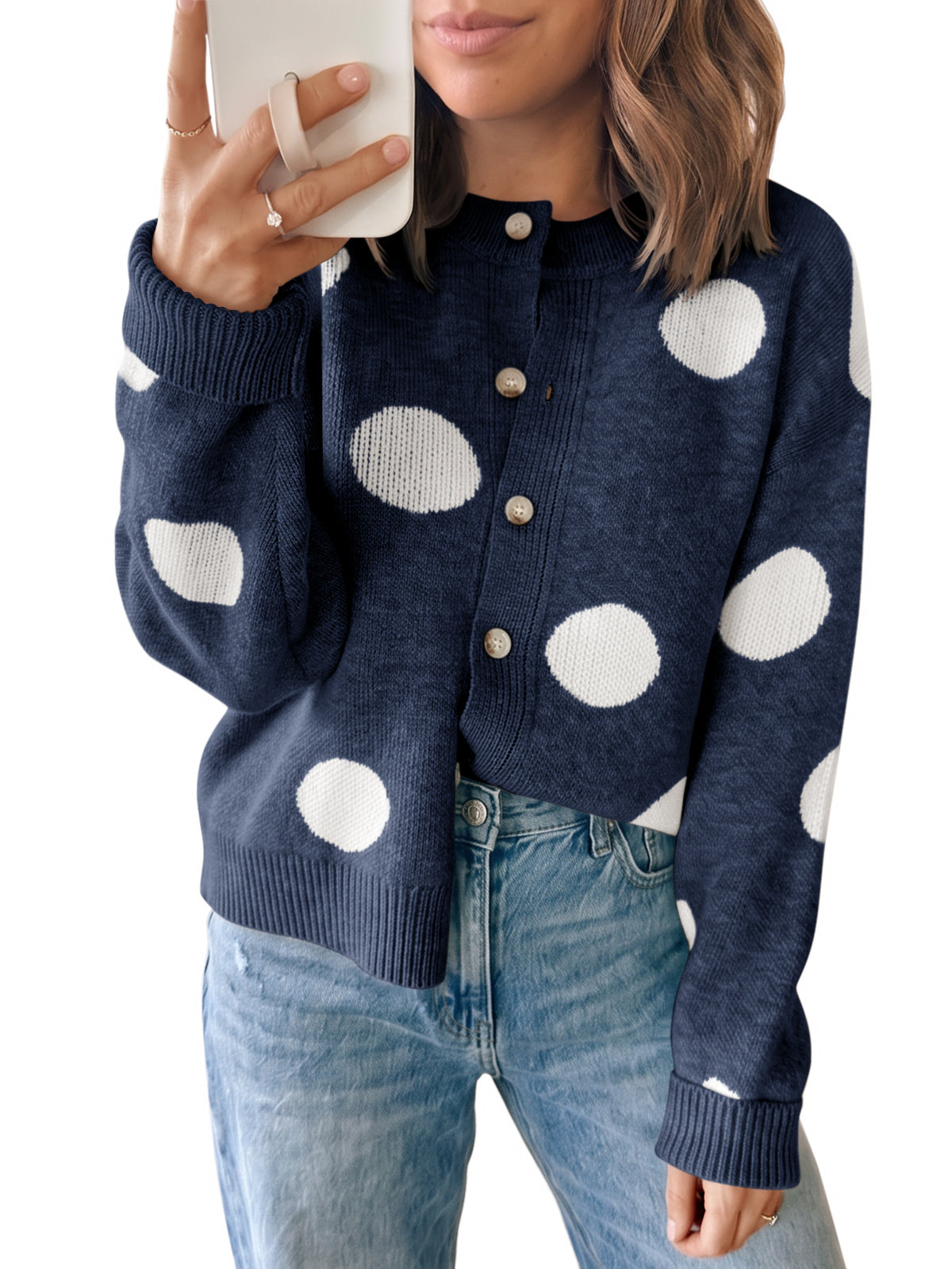 usvara Women Polka Dot Knit Cardigan