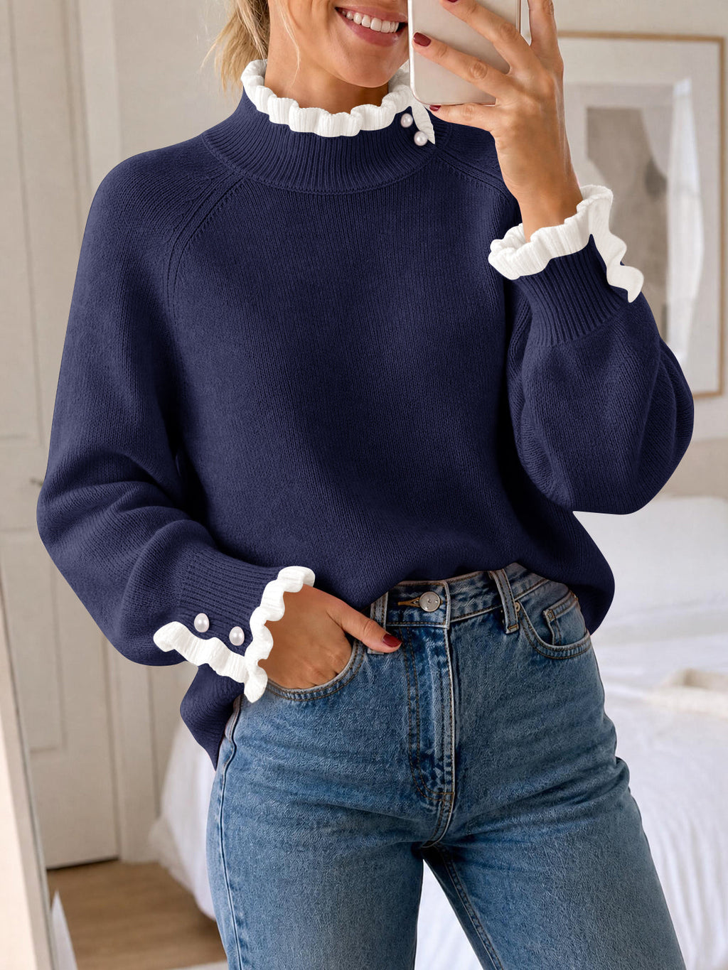 usvara Womens Mock Neck Ruffle Pearl Sweater