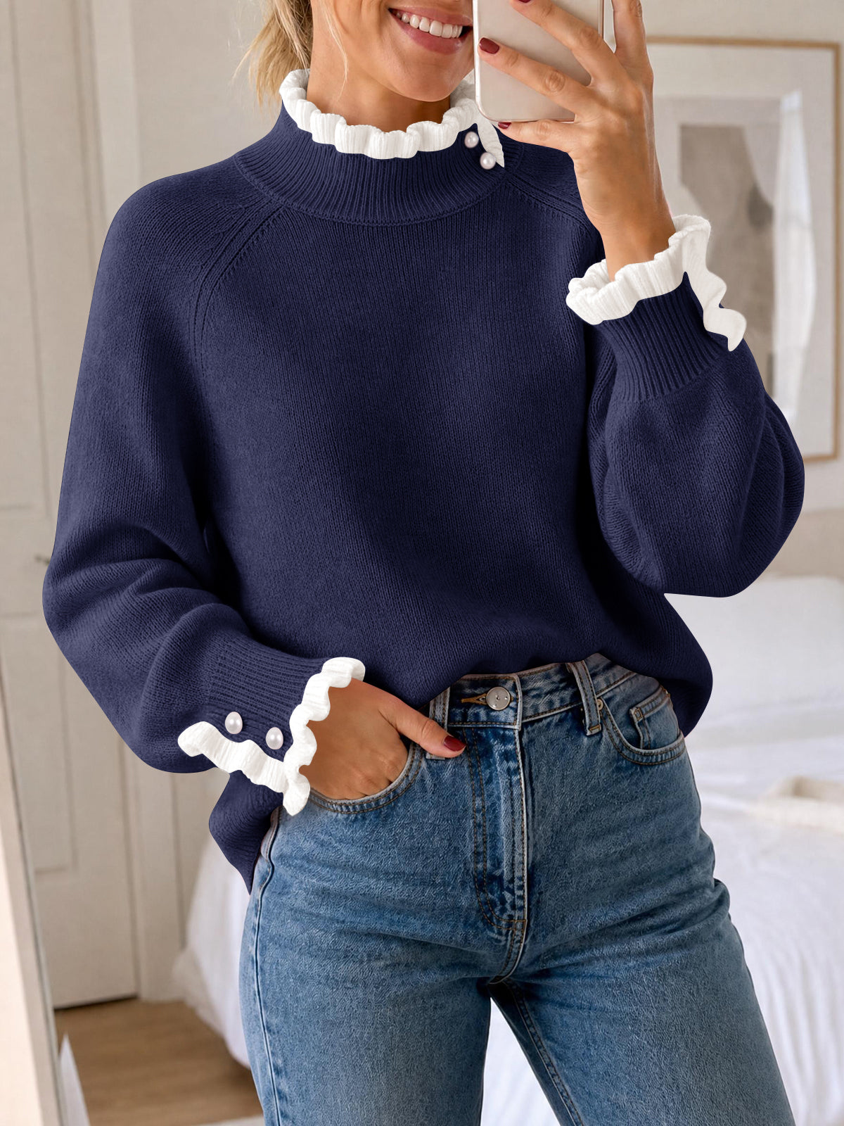 usvara Womens Mock Neck Ruffle Pearl Sweater