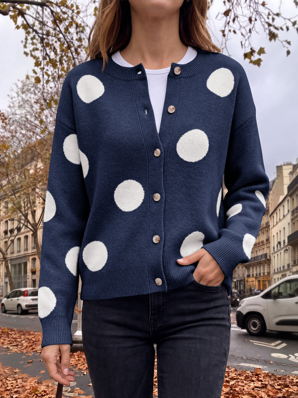 usvara Women Polka Dot Knit Cardigan