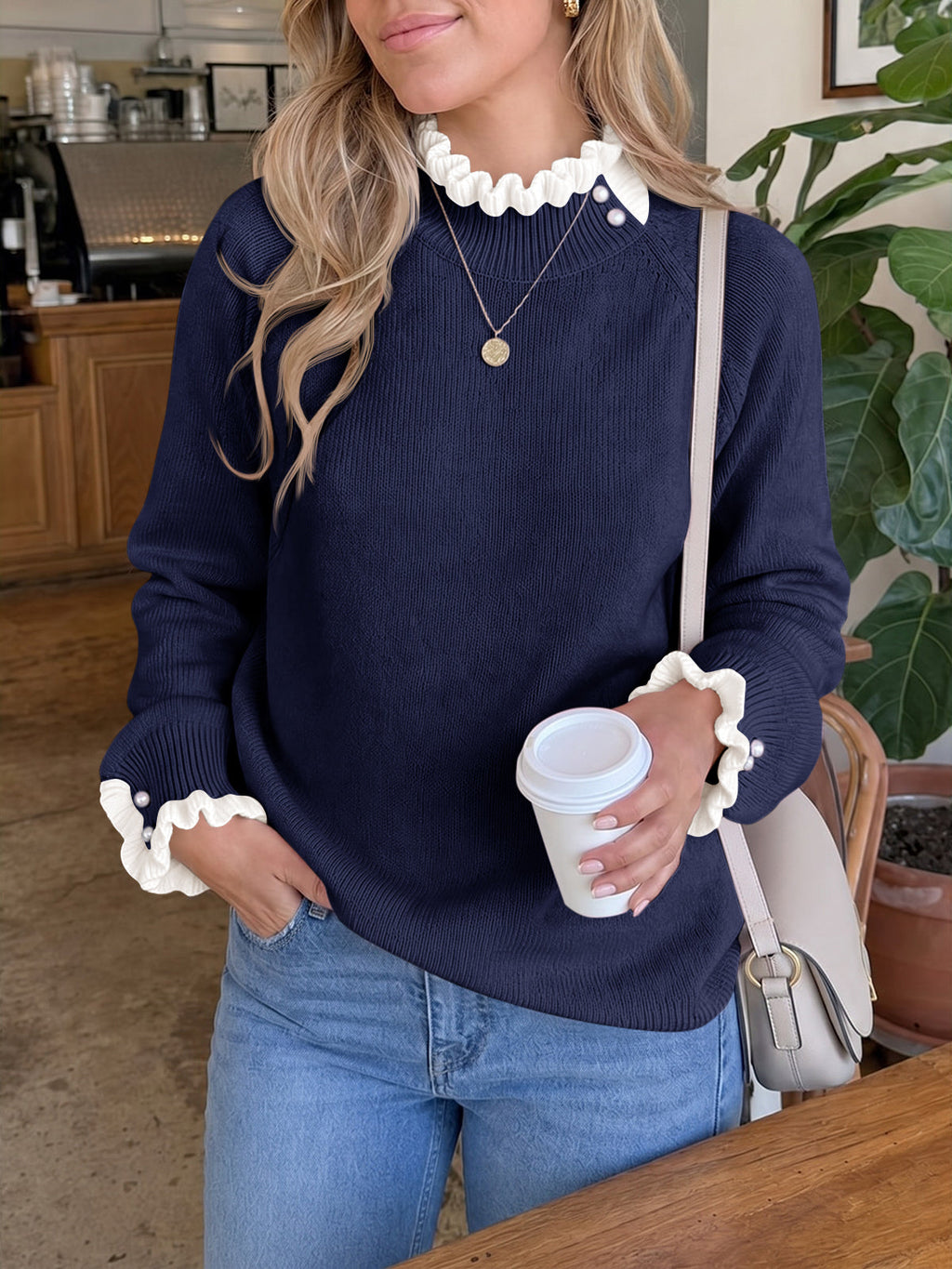 usvara Womens Mock Neck Ruffle Pearl Sweater