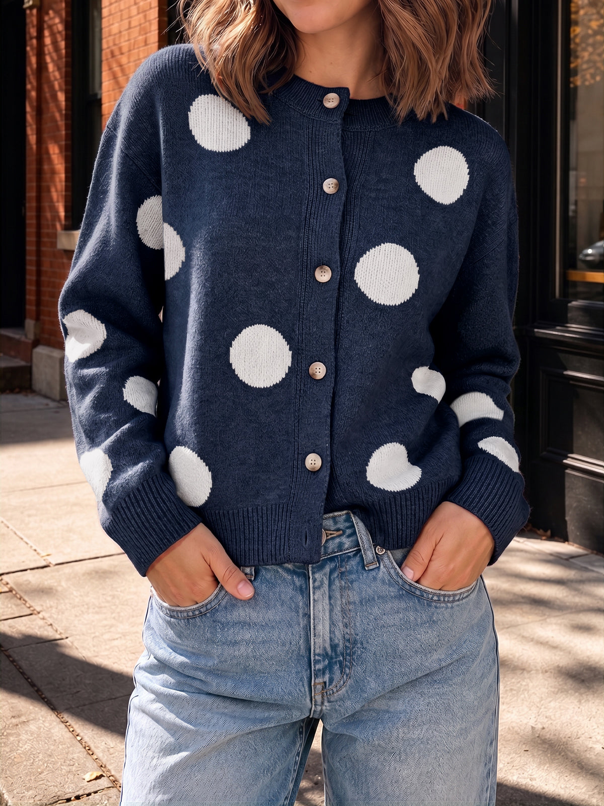 usvara Women Polka Dot Knit Cardigan