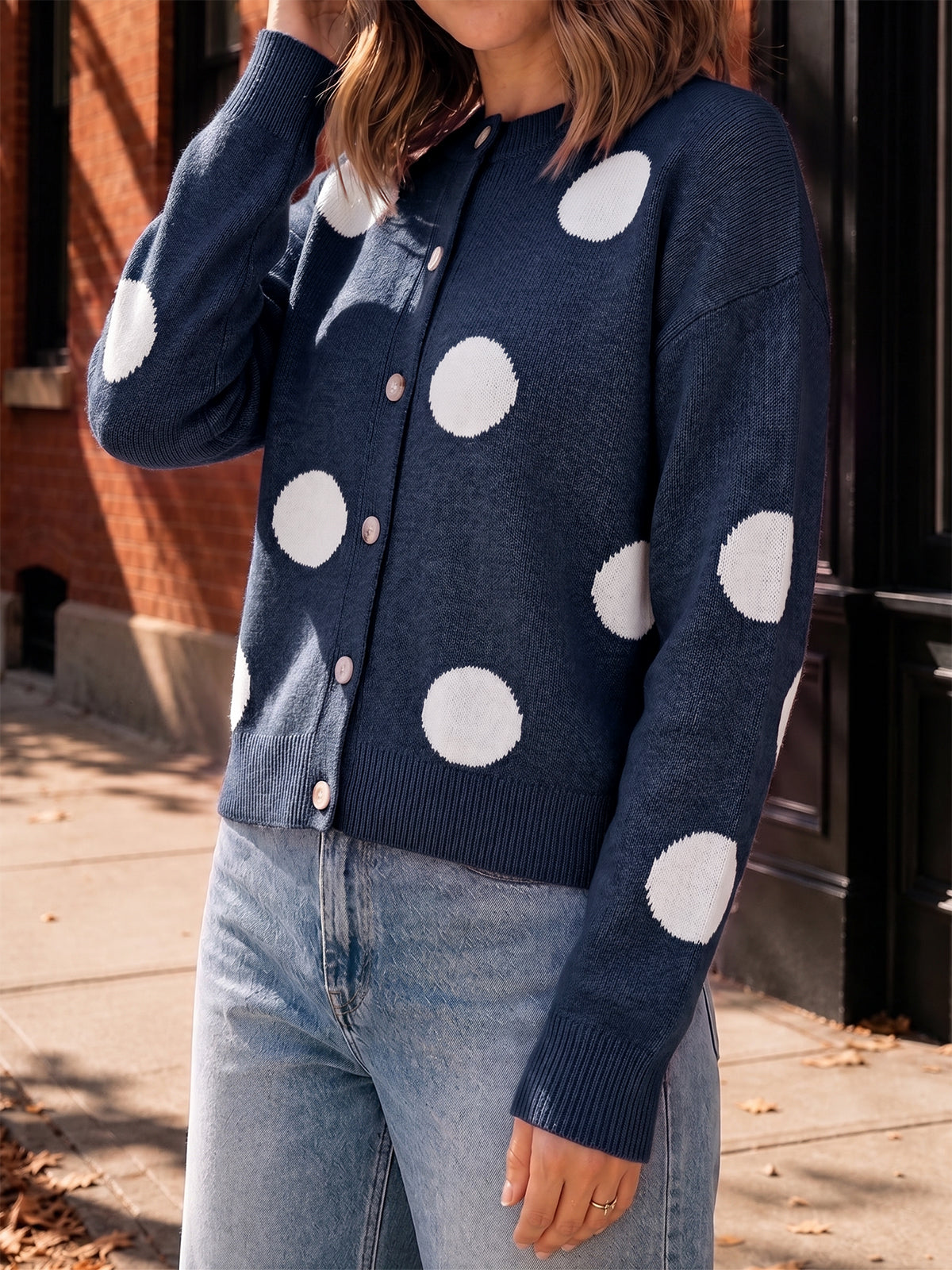 usvara Women Polka Dot Knit Cardigan