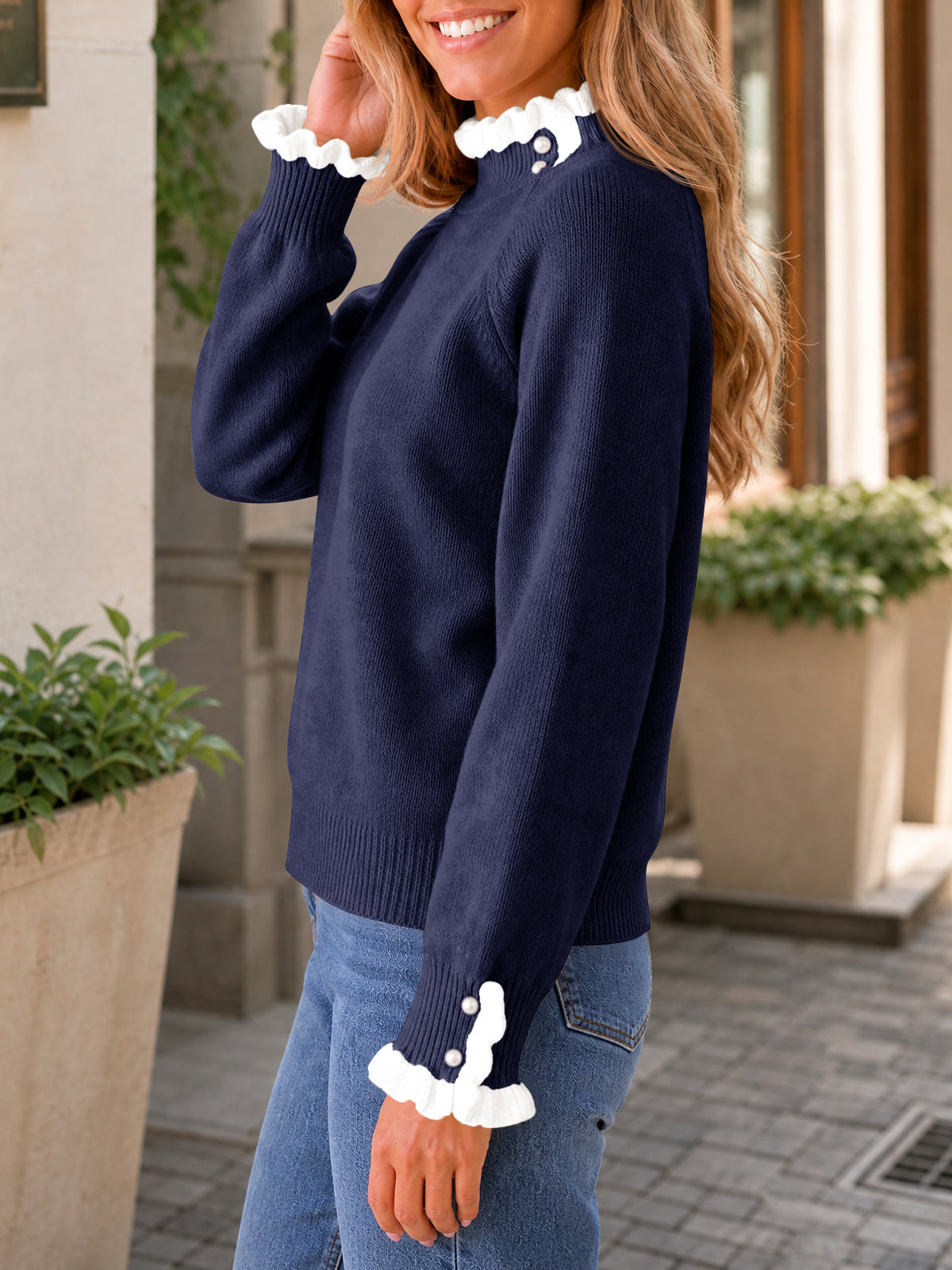 usvara Womens Mock Neck Ruffle Pearl Sweater