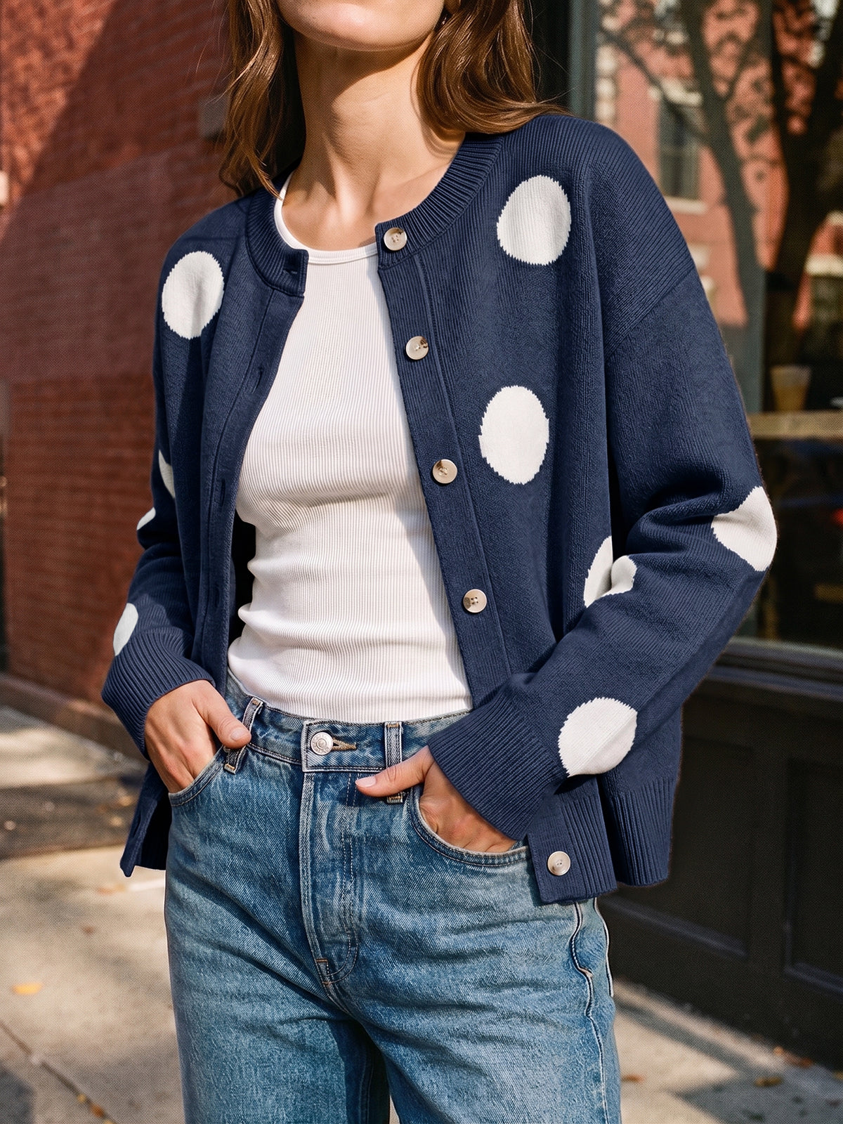 usvara Women Polka Dot Knit Cardigan
