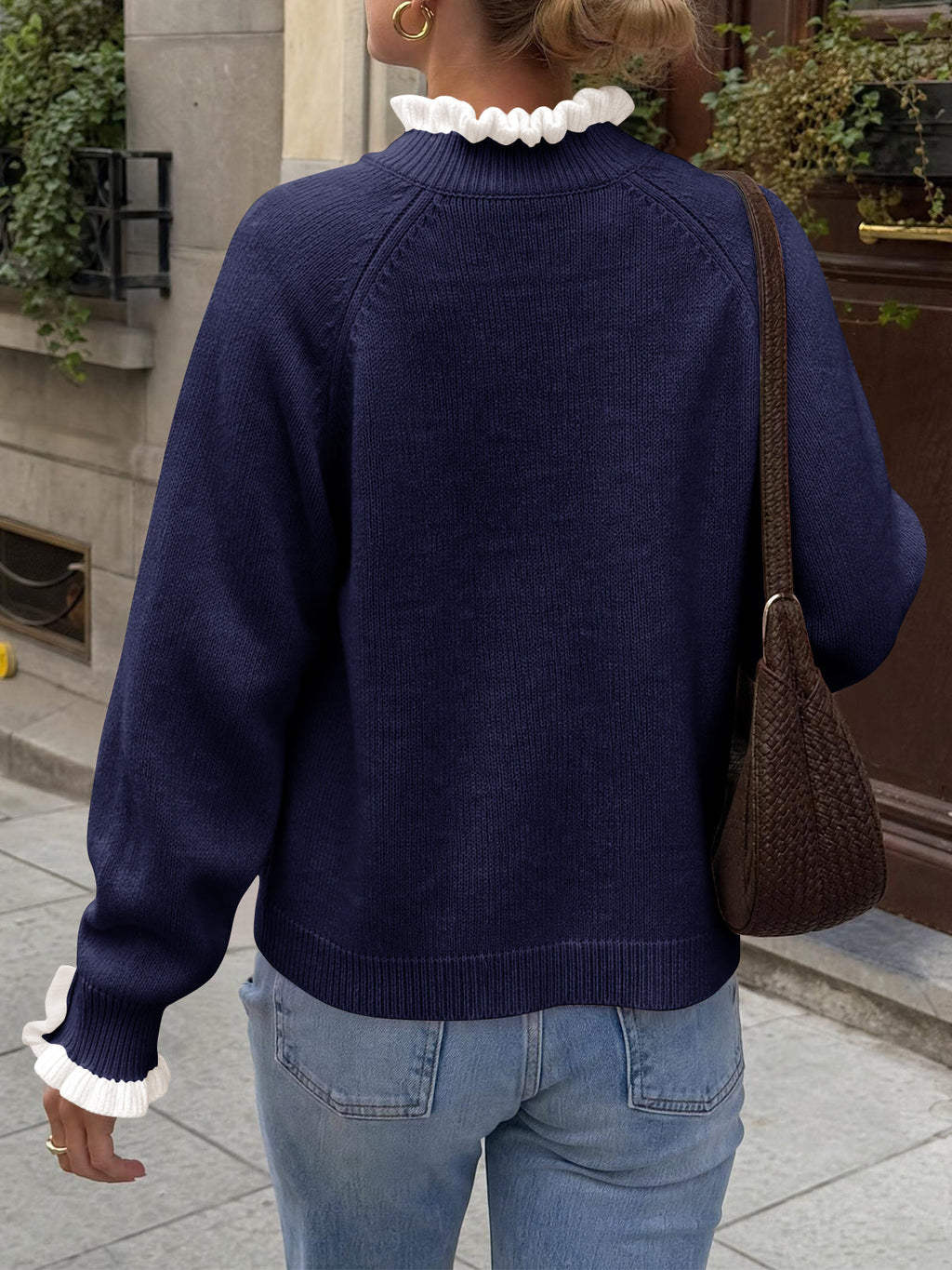 usvara Womens Mock Neck Ruffle Pearl Sweater