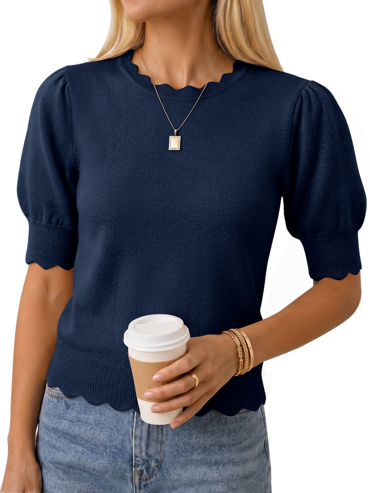 usvara Women Puff Sleeve Knit Top
