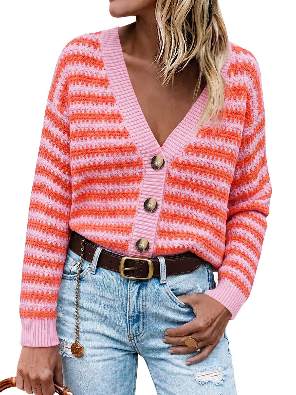 usvara Womens Striped V Neck Cardigan