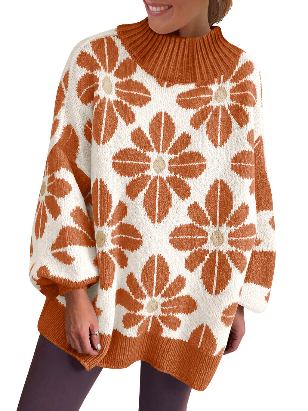 usvara Womens Floral Mock Neck Chunky Sweater