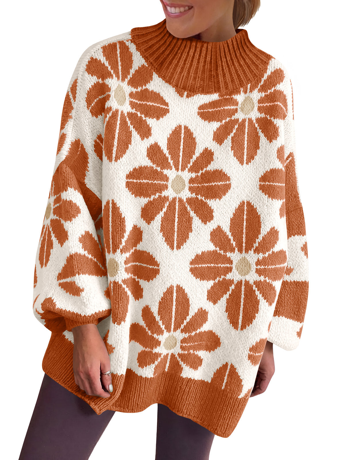 usvara Womens Floral Mock Neck Chunky Sweater