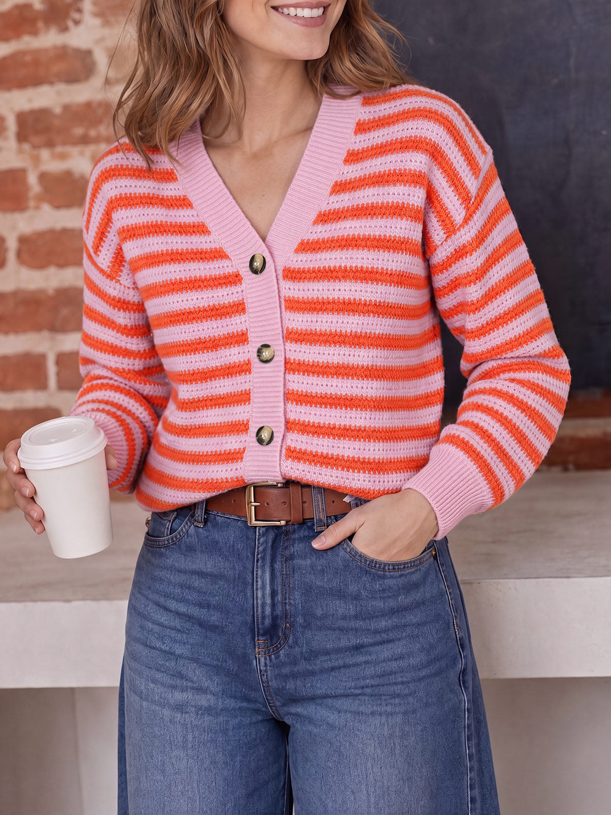 usvara Womens Striped V Neck Cardigan