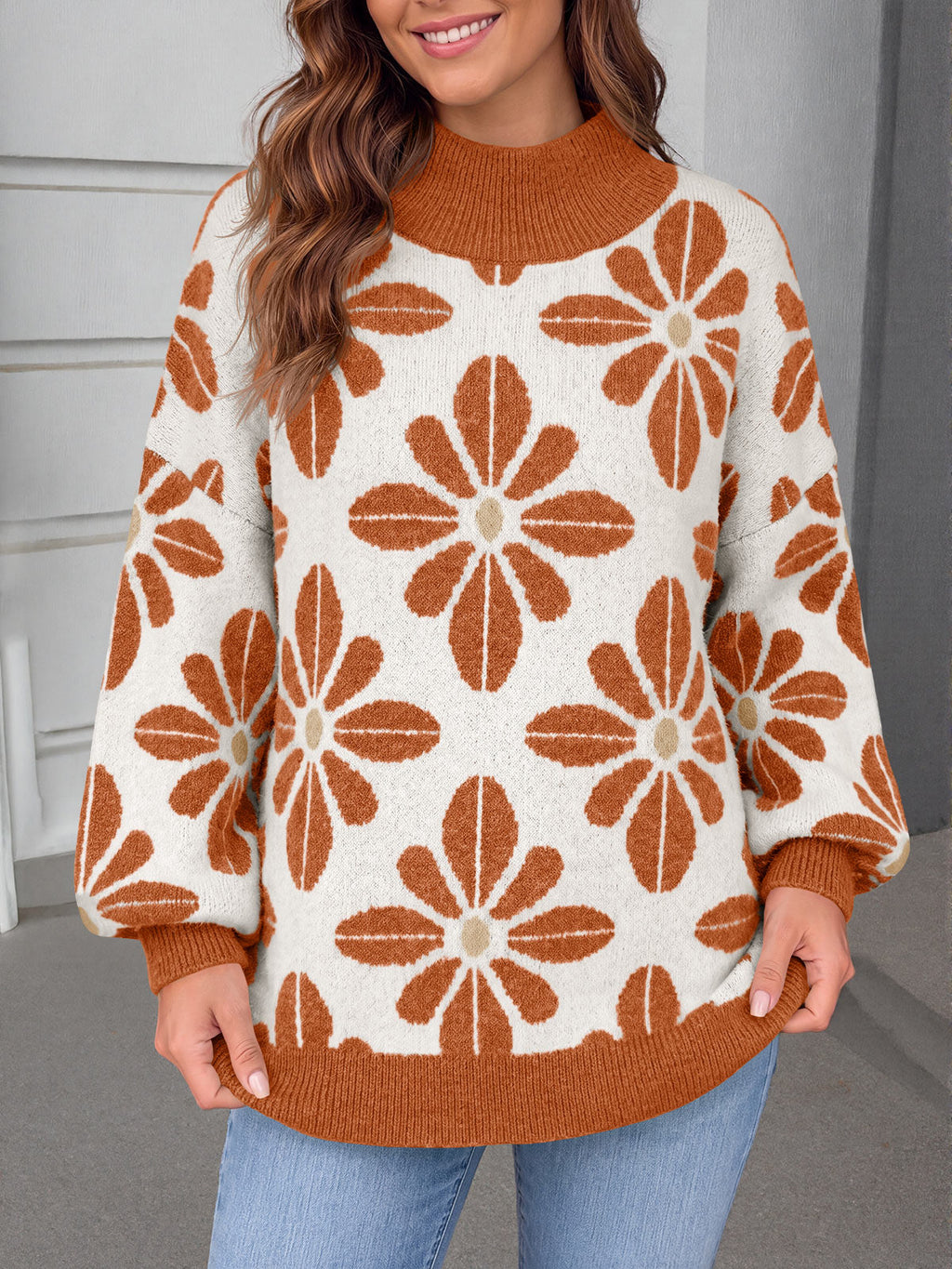 usvara Womens Floral Mock Neck Chunky Sweater