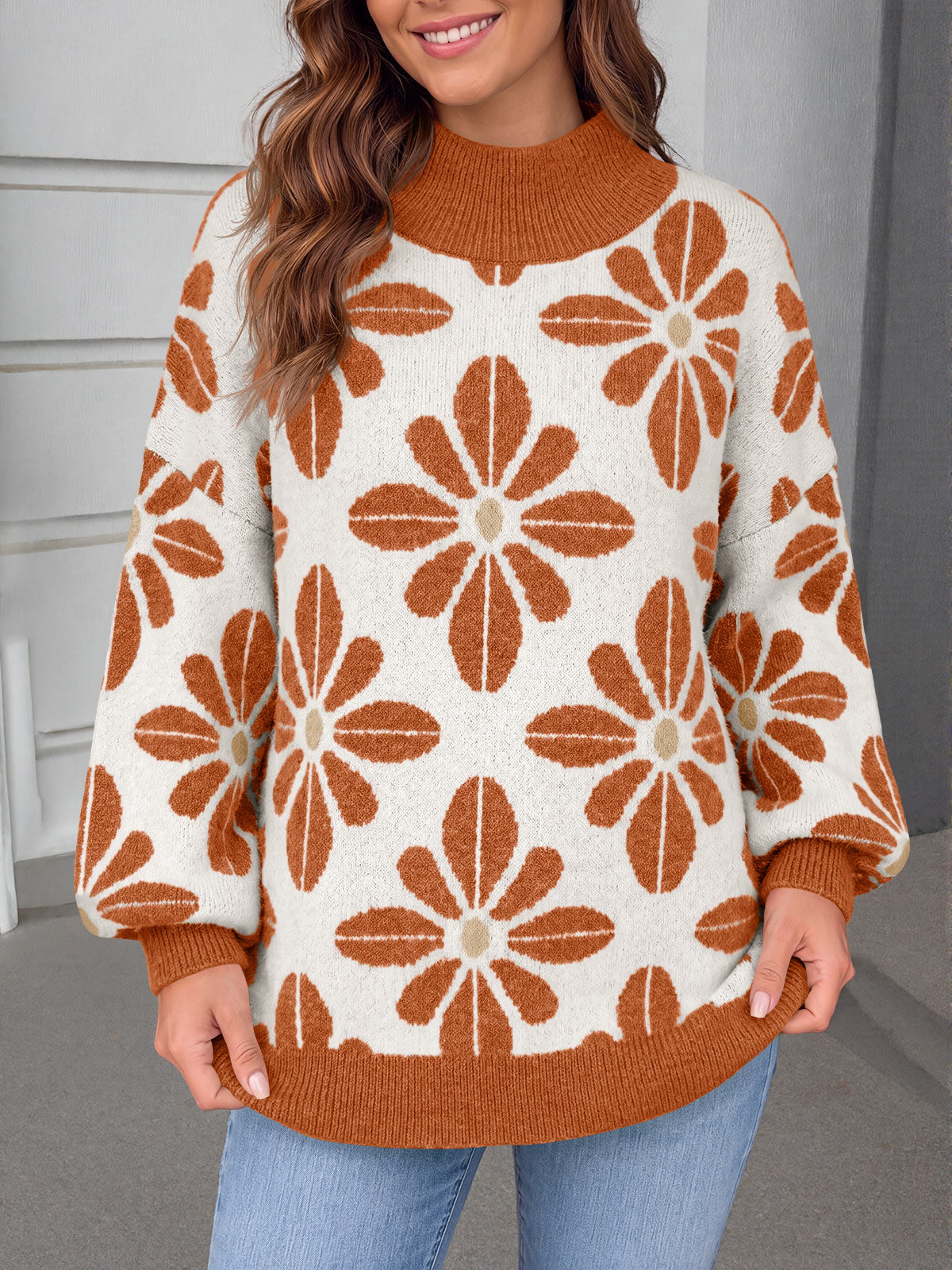 usvara Womens Floral Mock Neck Chunky Sweater