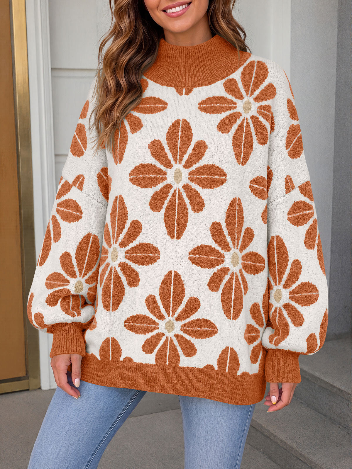 usvara Womens Floral Mock Neck Chunky Sweater