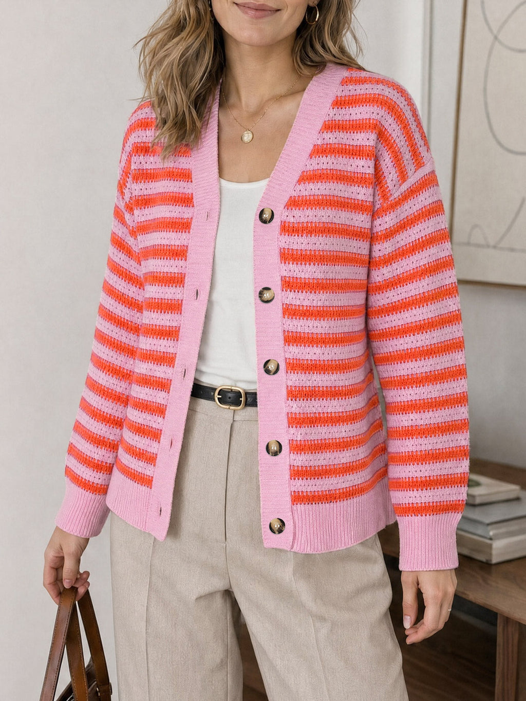 usvara Womens Striped V Neck Cardigan