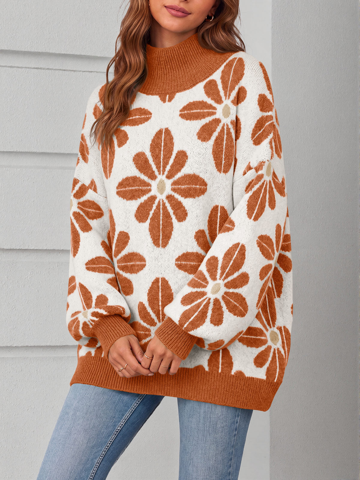 usvara Womens Floral Mock Neck Chunky Sweater