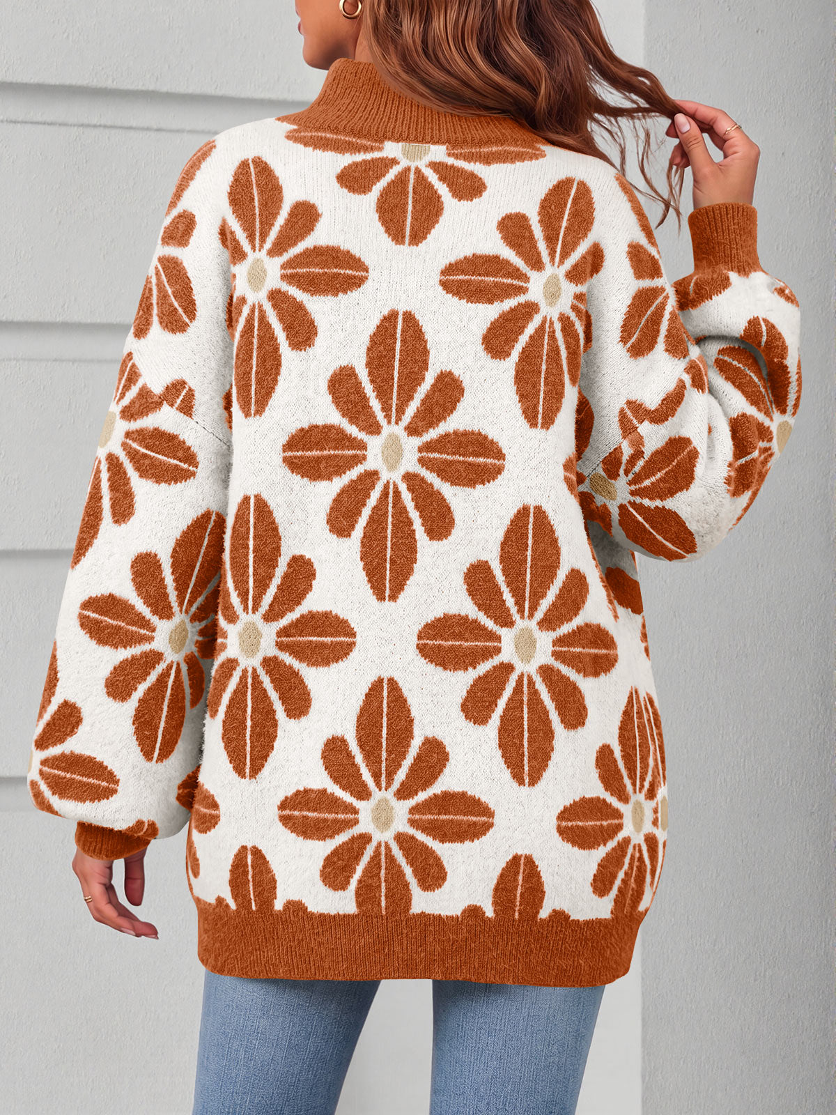 usvara Womens Floral Mock Neck Chunky Sweater