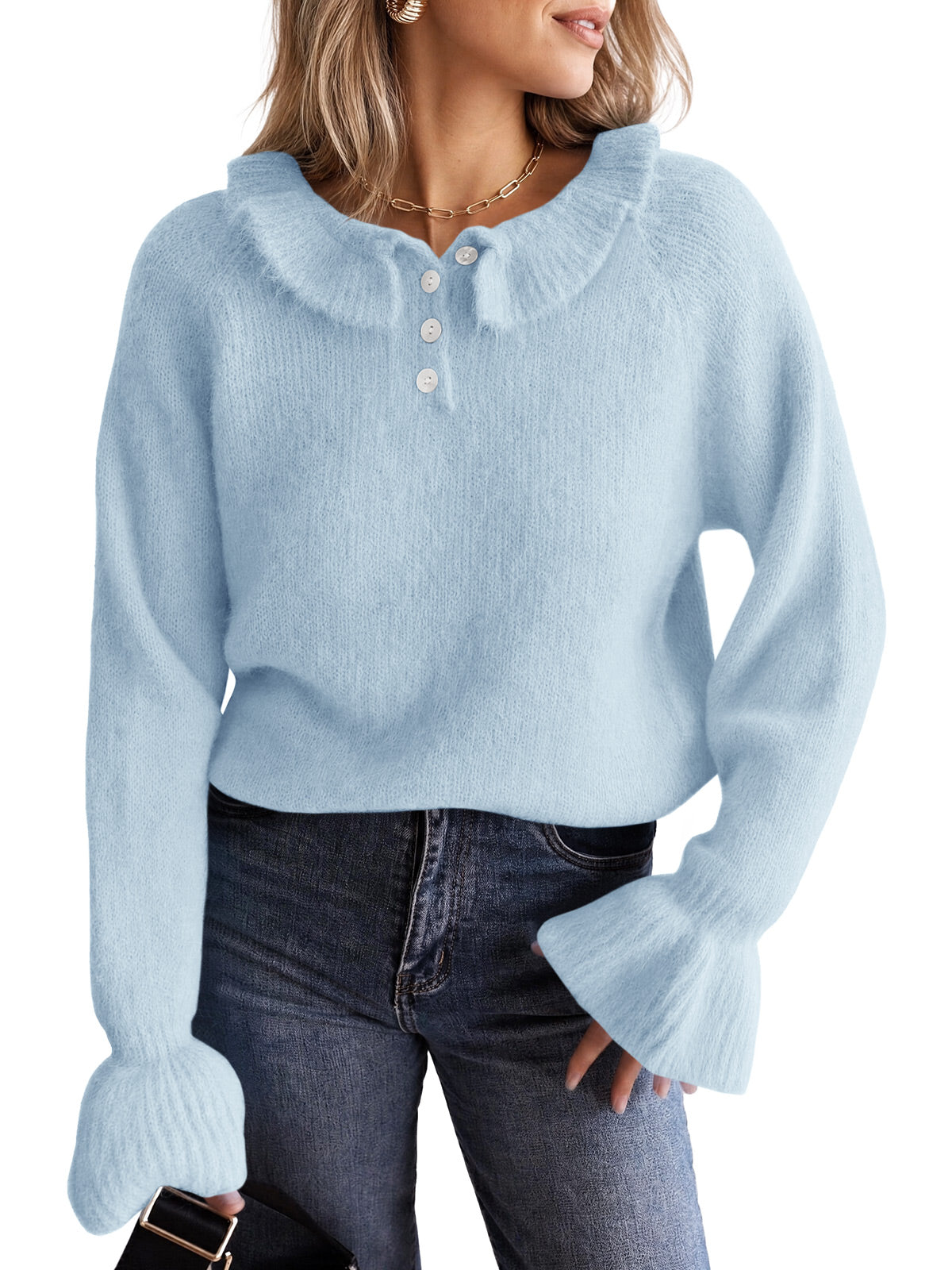usvara Women Ruffle Collared Long Sleeve Sweater