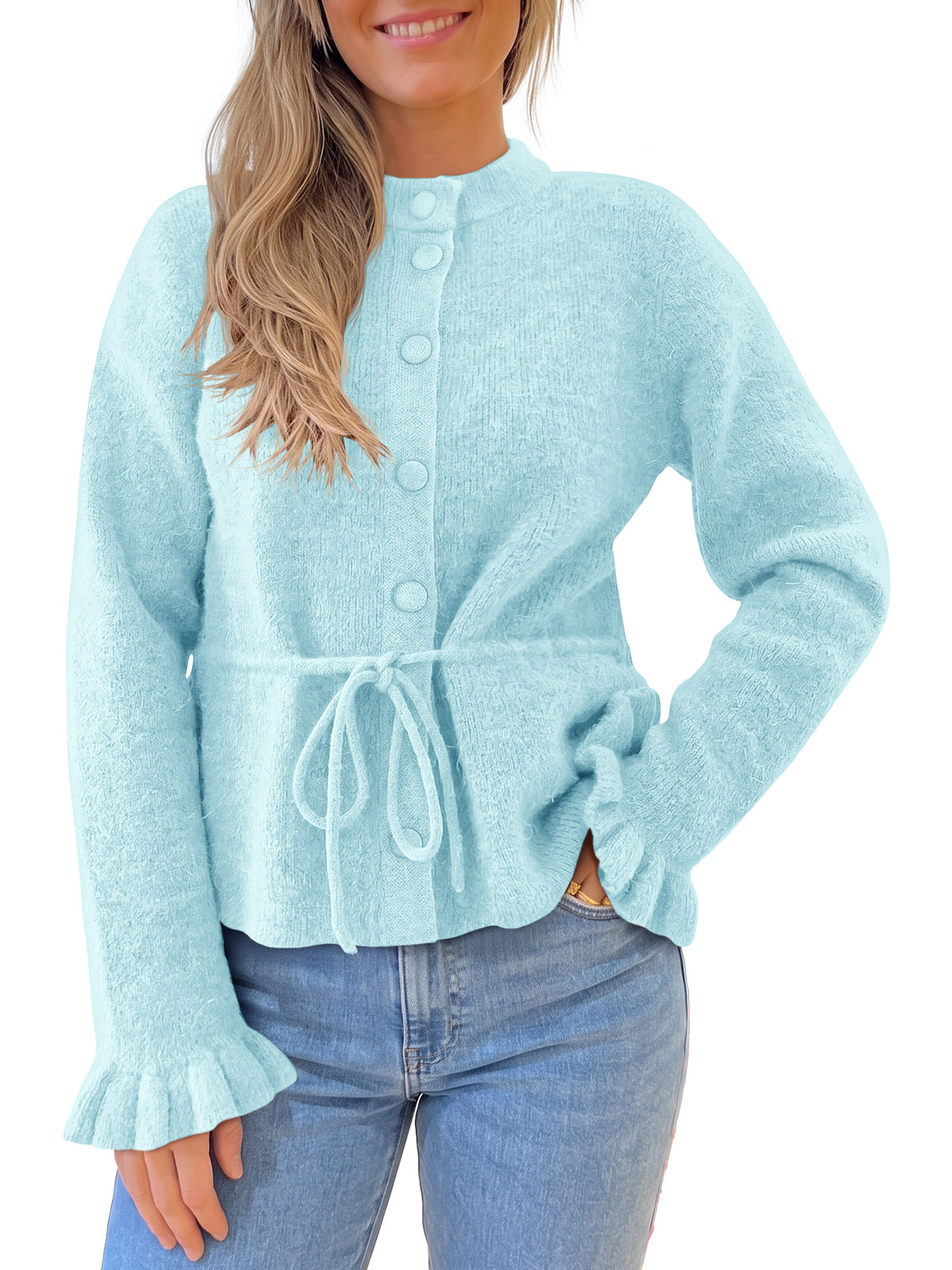 usvara Womens Ruffle Sleeve Button Tie Cardigans