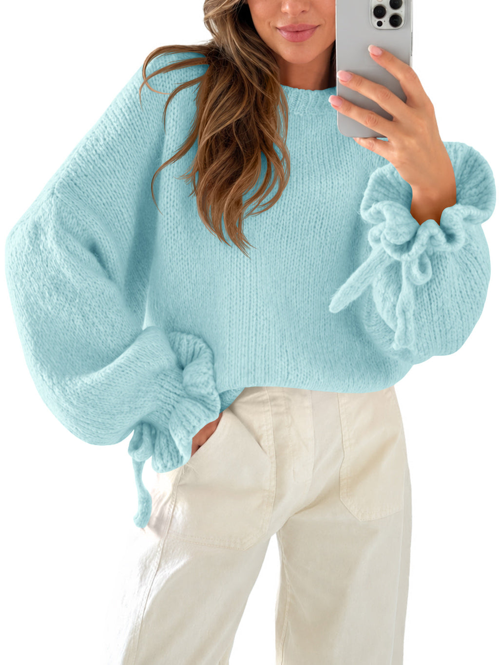 usvara Women Ruffle Long Sleeve Knit Sweater
