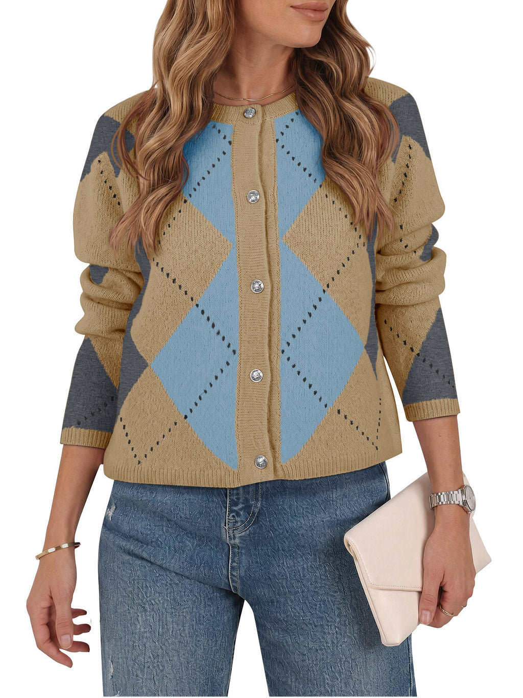 usvara Womens Argyle Crew Neck Knit Cardigan