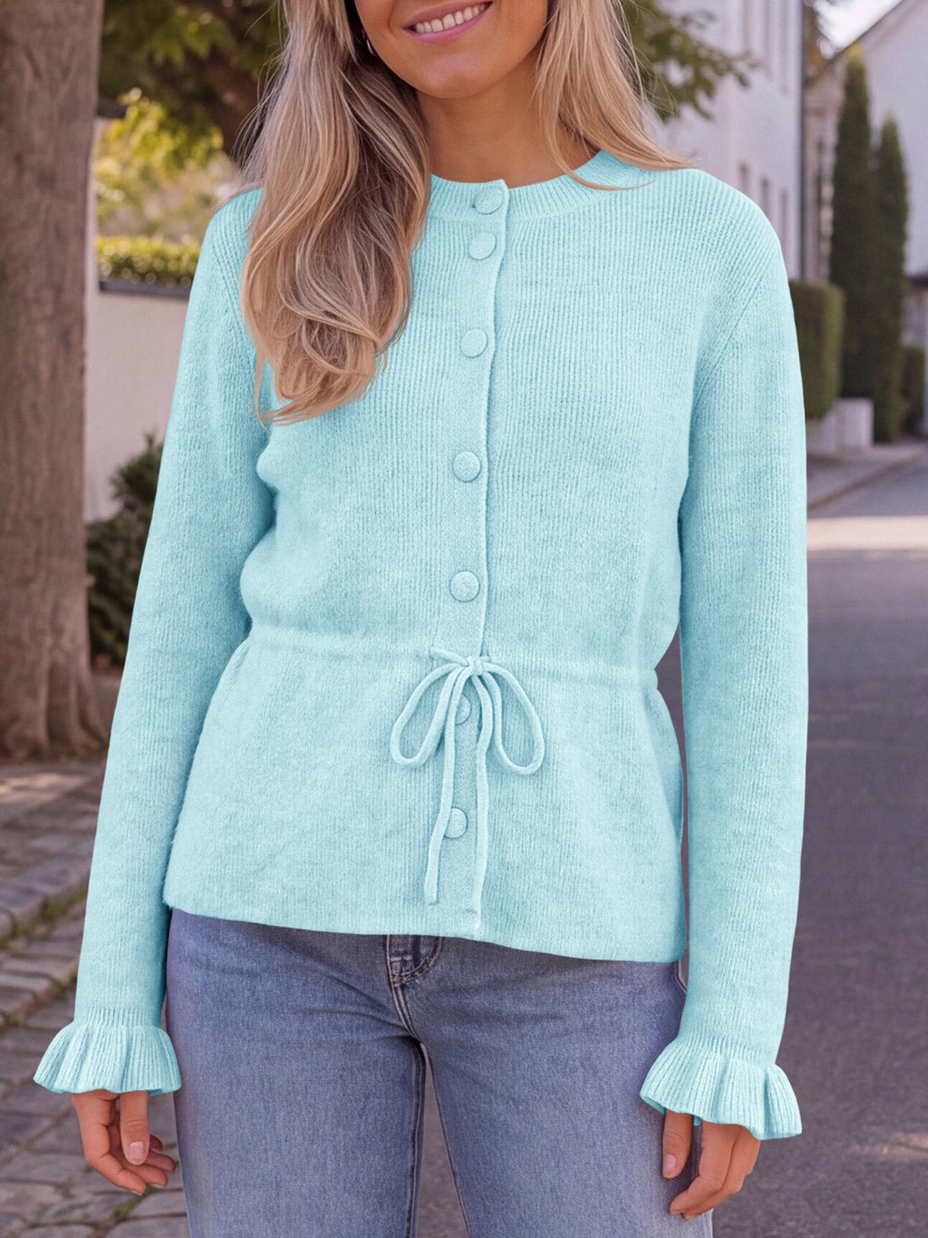 usvara Womens Ruffle Sleeve Button Tie Cardigans