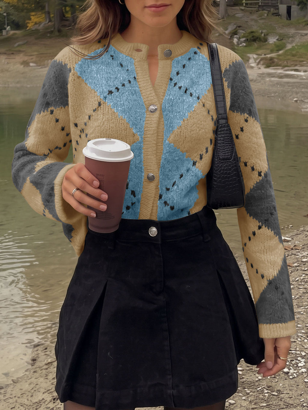 usvara Womens Argyle Crew Neck Knit Cardigan