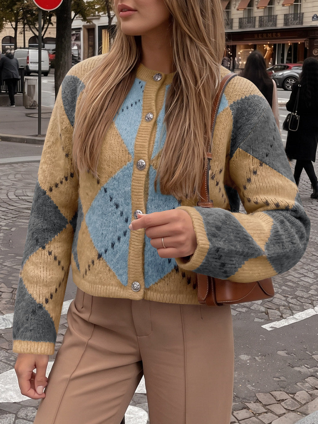 usvara Womens Argyle Crew Neck Knit Cardigan