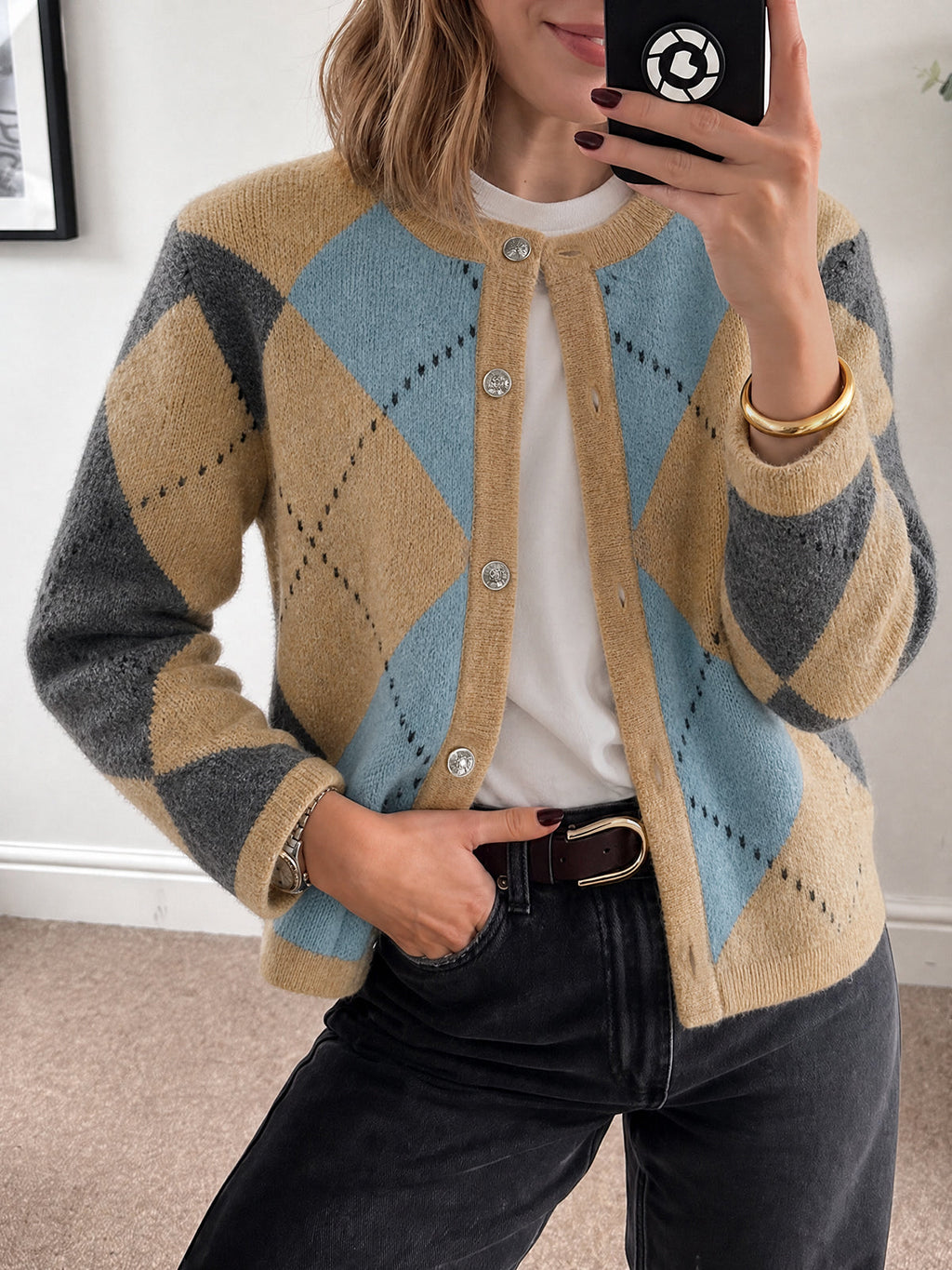 usvara Womens Argyle Crew Neck Knit Cardigan