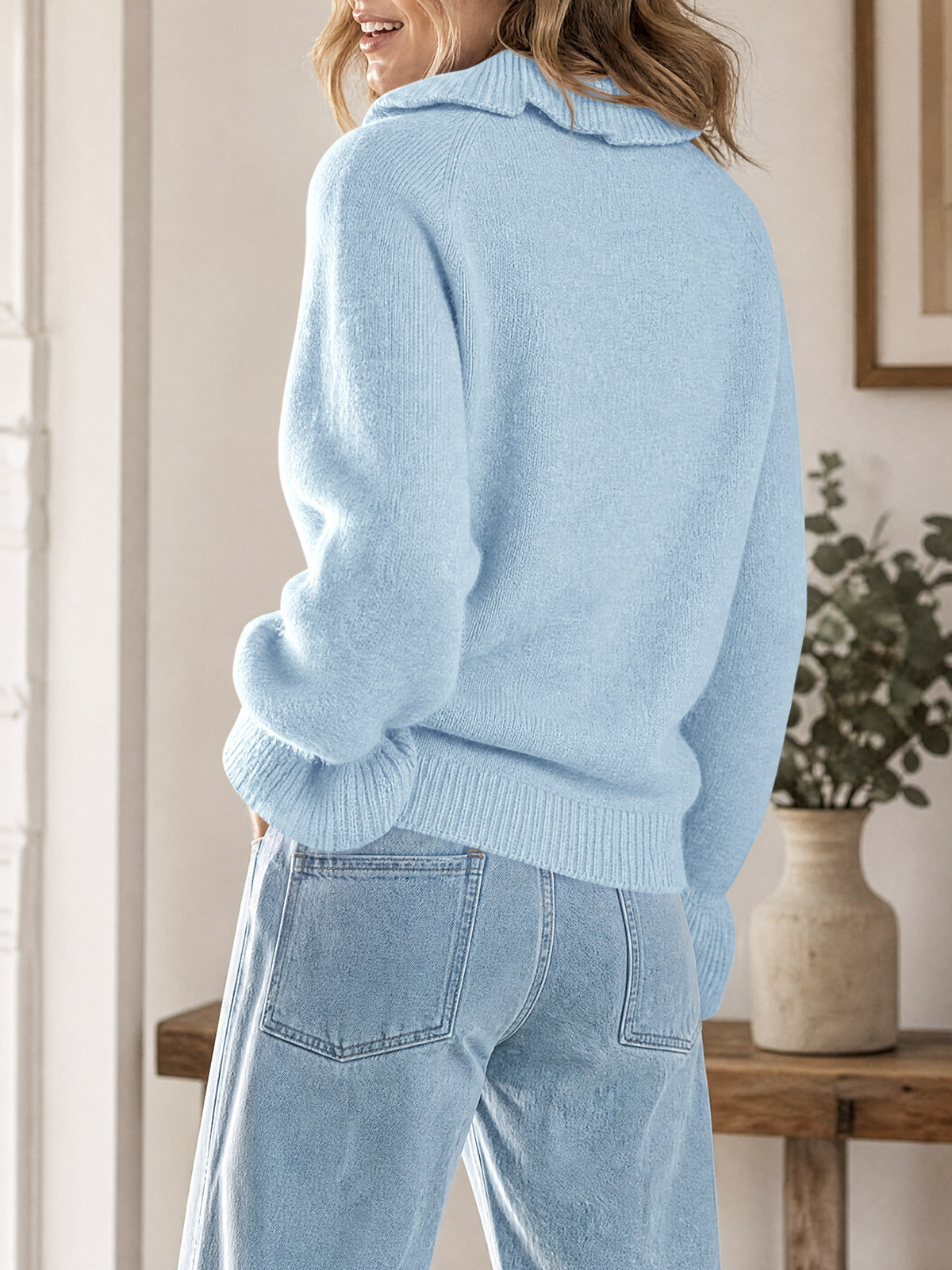 usvara Women Ruffle Collared Long Sleeve Sweater