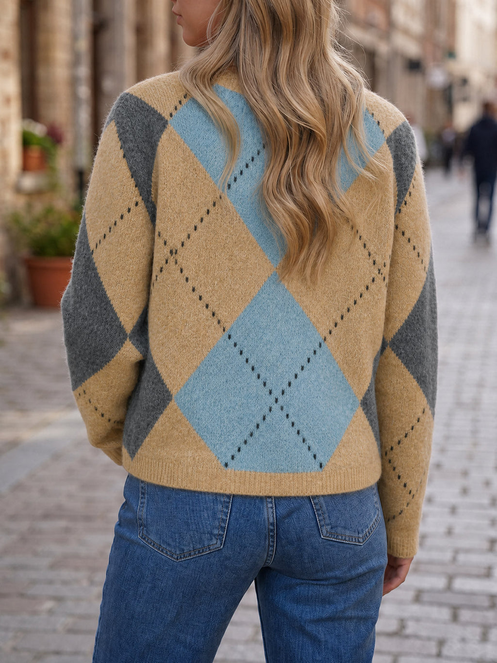 usvara Womens Argyle Crew Neck Knit Cardigan