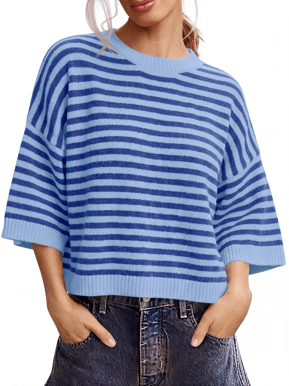 usvara Women Striped Short Sleeve Knit Top