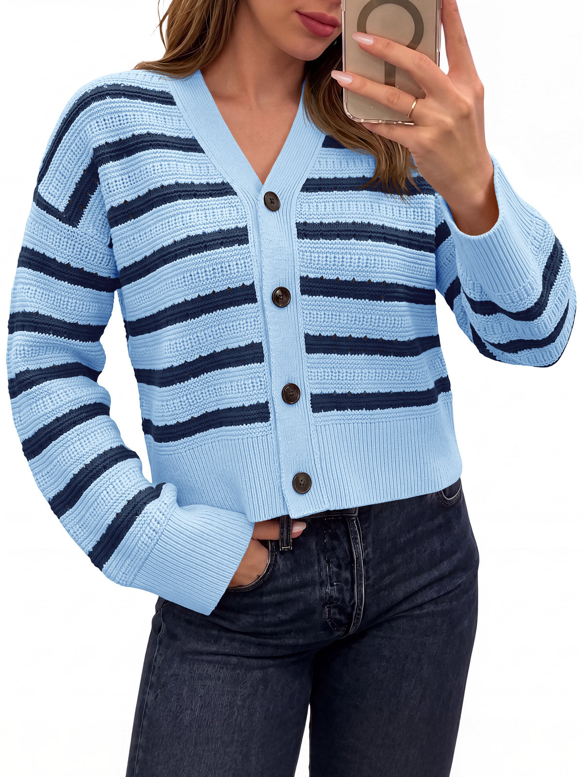 usvara Womens Striped Crochet Cardigan Tops