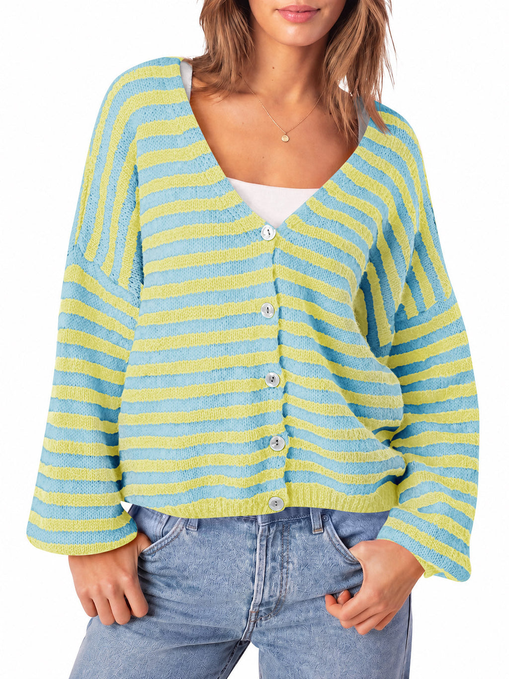 usvara Women Striped V-Neck Knit Cardigan Sweater