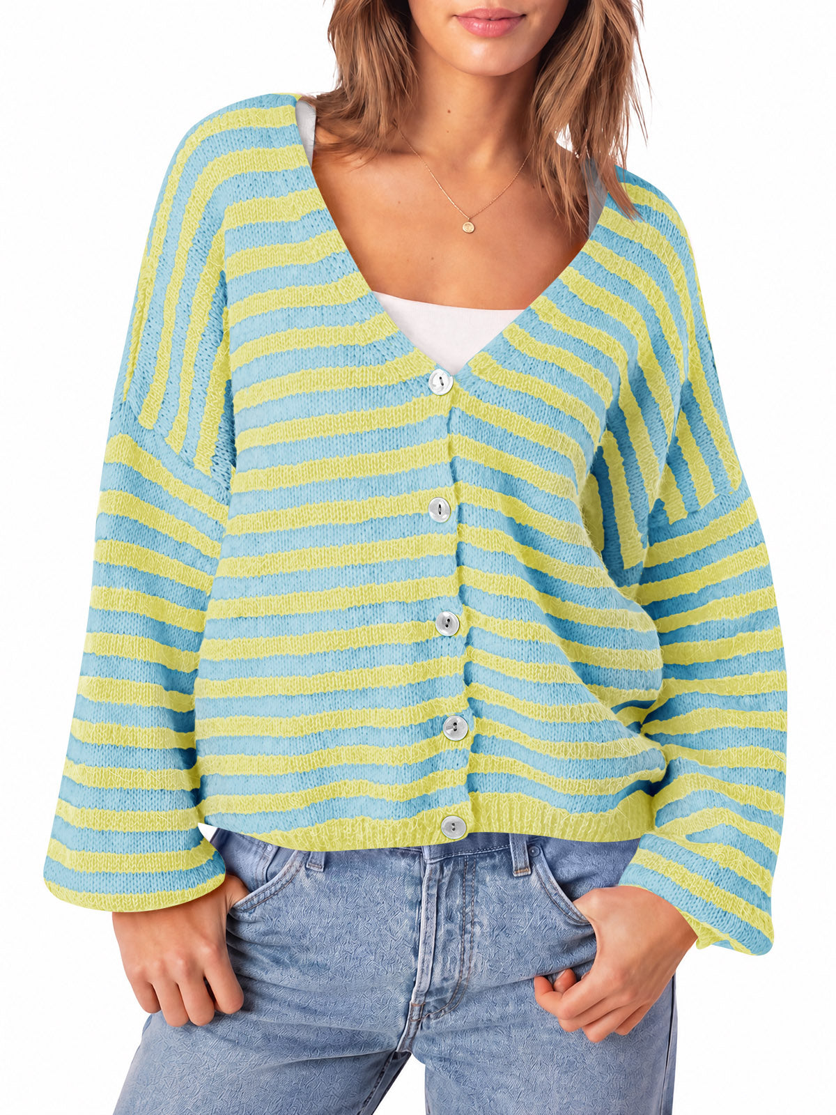 usvara Women Striped V-Neck Knit Cardigan Sweater