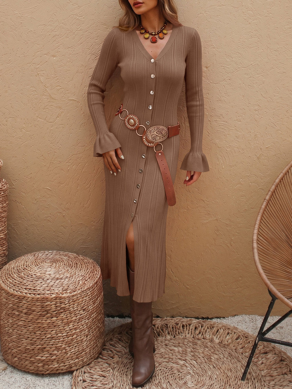 usvara Womens V Neck Midi Sweater Dress