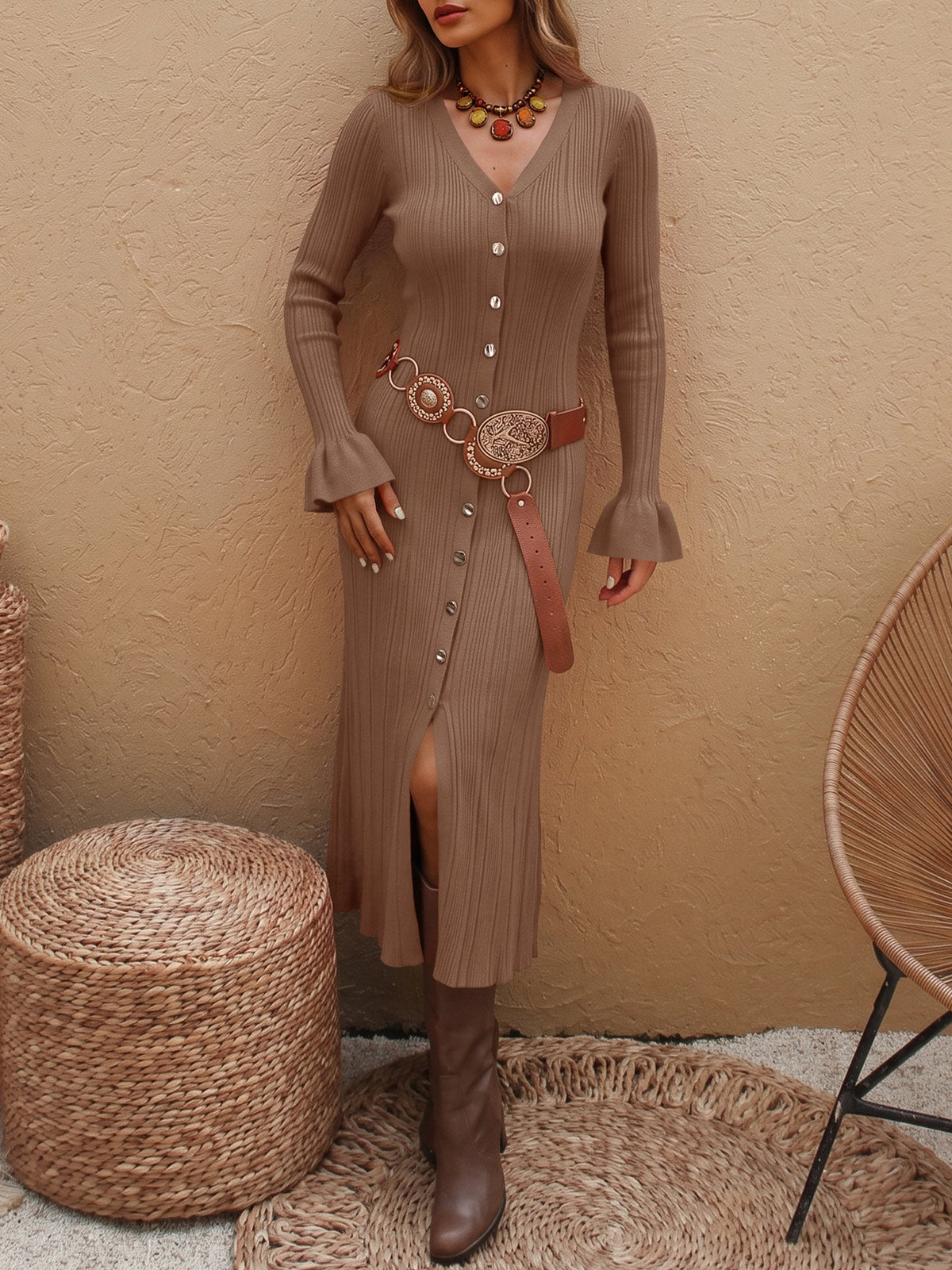 usvara Womens V Neck Midi Sweater Dress