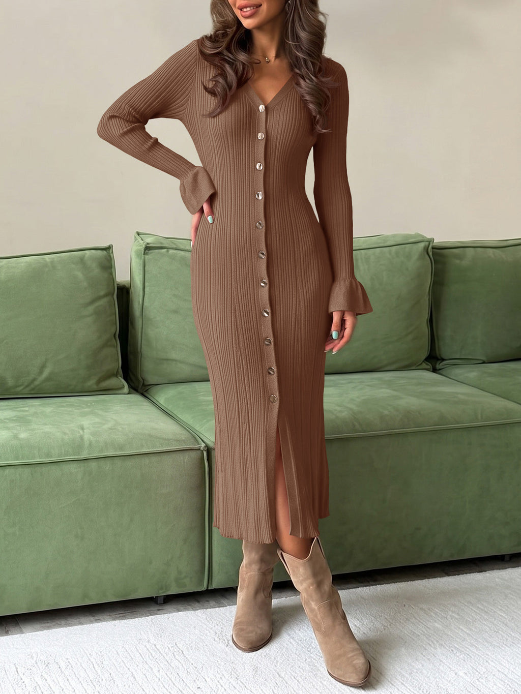 usvara Womens V Neck Midi Sweater Dress