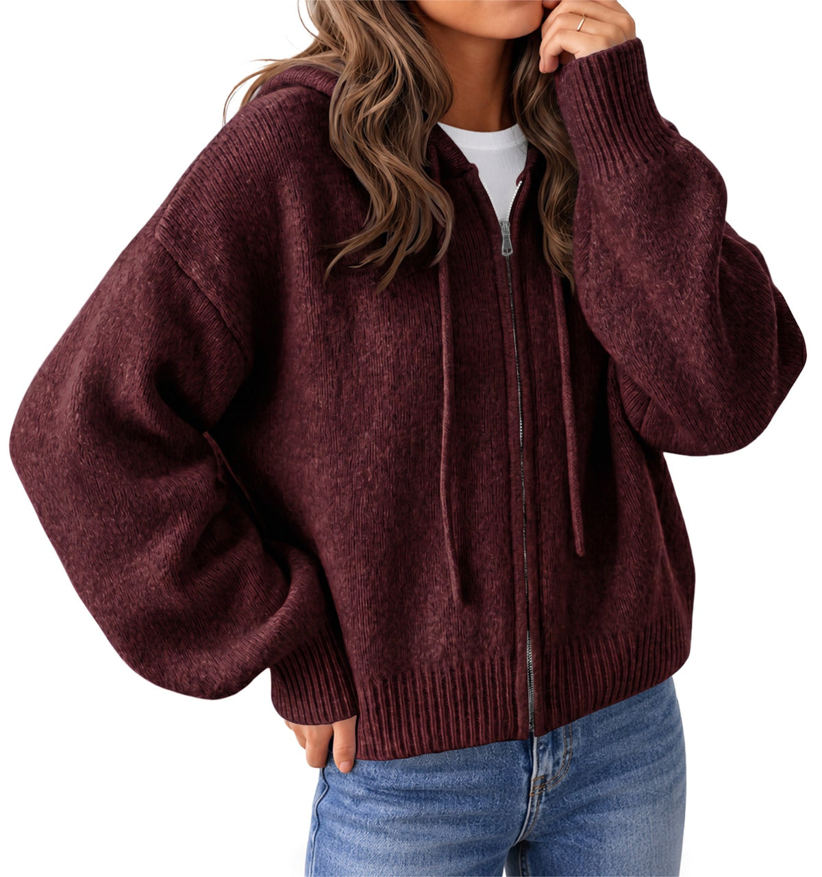 usvara Womens Zip Up Hooded Knit Cardigan