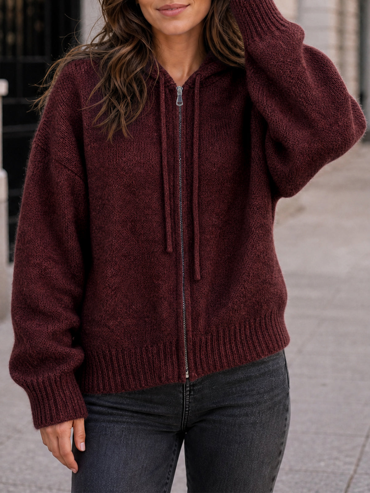 usvara Womens Zip Up Hooded Knit Cardigan