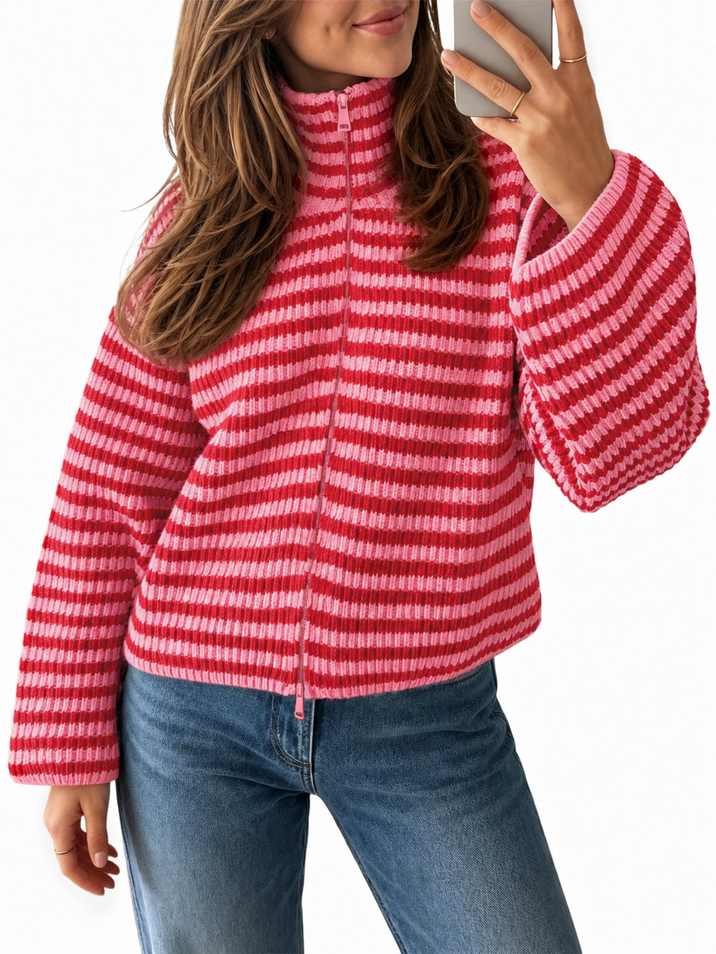 usvara Womens Striped Zip Knit Cardigan